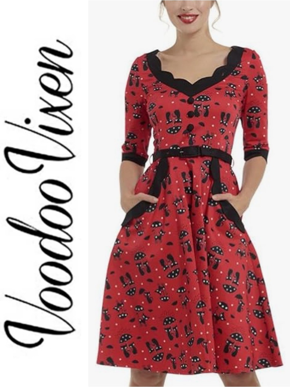 NWT Voodoo Vixen “Katnis Cats in The Rain” Flared Dress Red/Black Scallop Trim-S